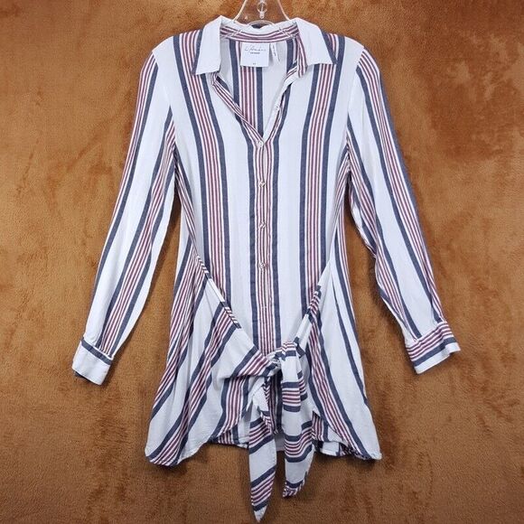 L'ACADEMIE Top Womens XS White Stripe Pullover Tie Front Tunic Long Sleeve - Picture 1 of 9